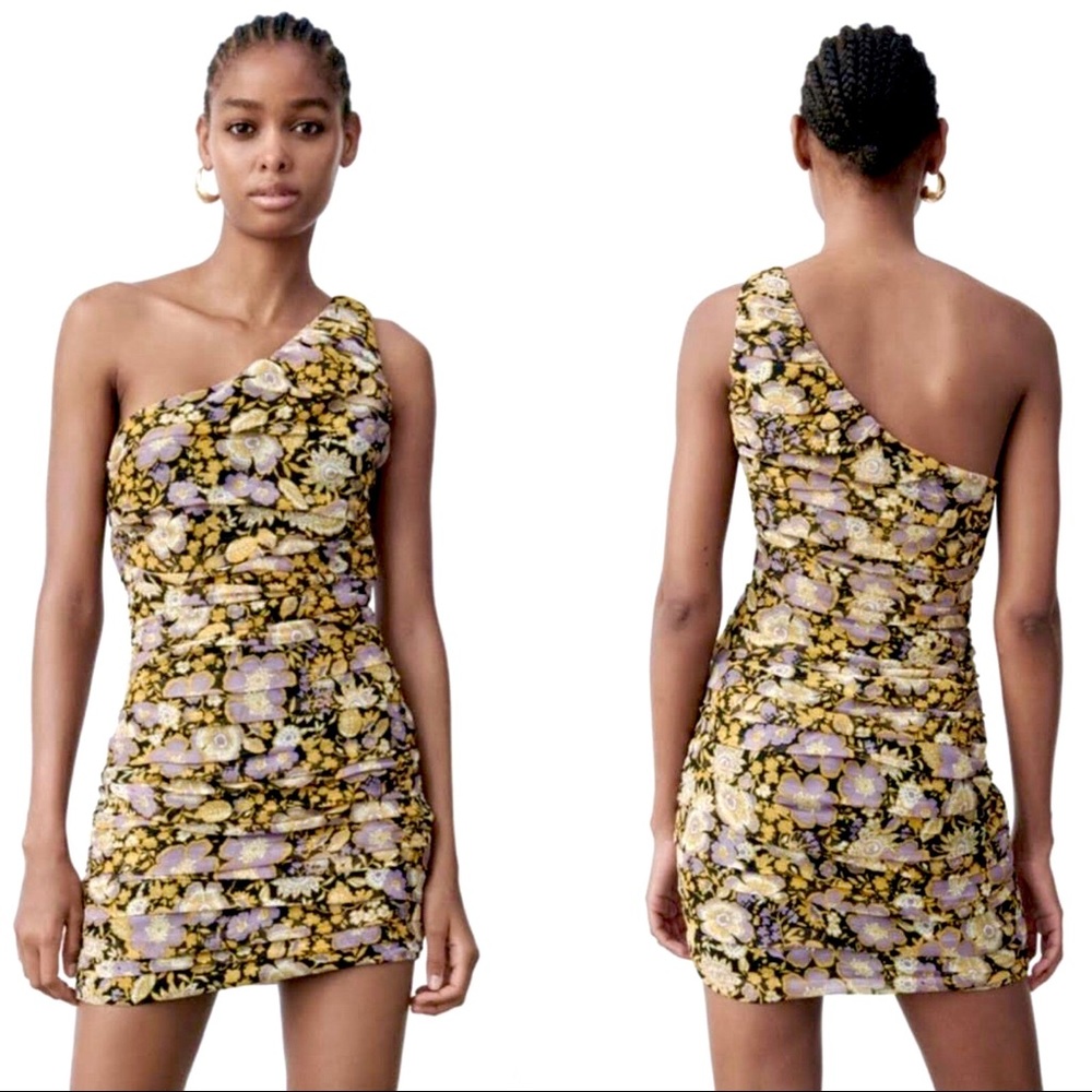 Zara Floral Metallic Ruched One Shoulder Mini Dress Size XS - Picture 13 of 13